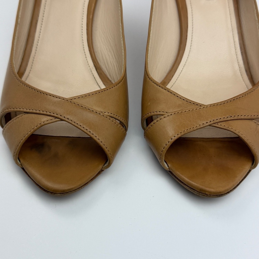 Prada Milano Women's Size 36.5 Tan Leather Peep Toe Wedge Heels Made in Italy - Picture 5 of 8